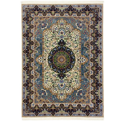 Cream & Navy Floral 6X8 Kirman Oriental Rug