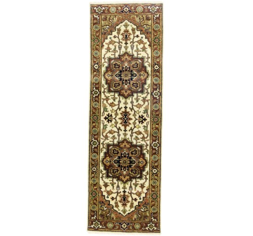 Cream Geometric 3X8 Heriz Serapi Oriental Runner Rug
