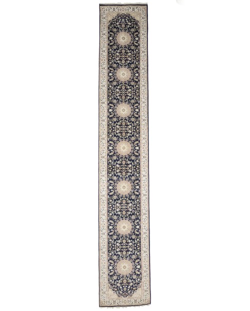 Dark Navy Floral 3X16 Indo-Nain Oriental Runner Rug