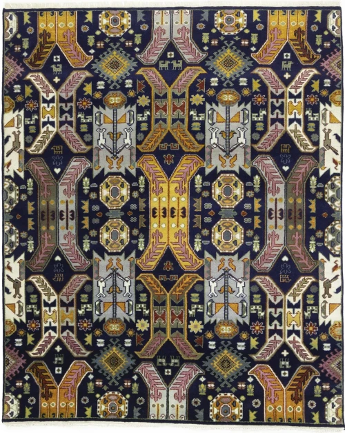Dark Navy Tribal Geometric 8X10 Oriental Rug