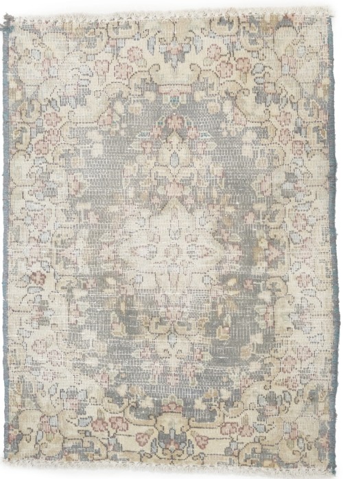 Antique Muted Taupe Floral 1'6X2'0 Distressed Vintage Oriental Rug