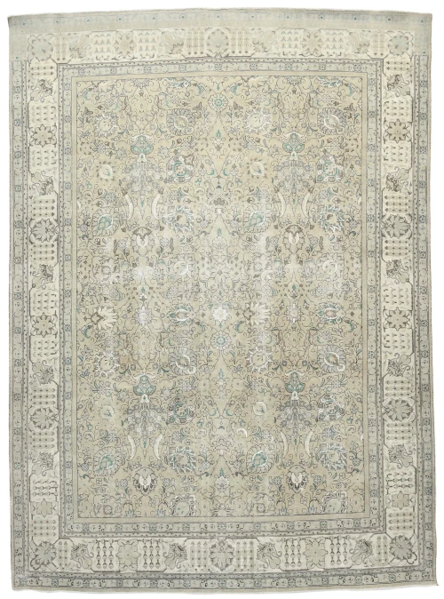 Semi Antique Muted Beige Floral 9X12 Distressed Vintage Oriental Rug