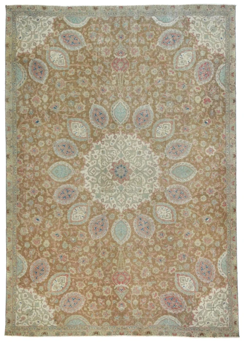 Semi Antique Muted Khaki Floral 7X10 Distressed Vintage Oriental Rug