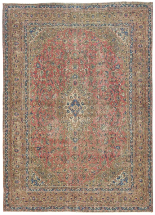 Semi Antique Muted Red Floral 9'6X12'7 Distressed Vintage Oriental Rug