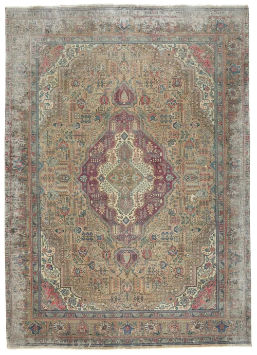 Semi Antique Muted Khaki Floral 9X12 Distressed Vintage Oriental Rug