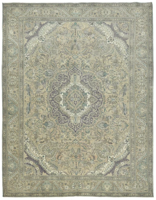 Semi Antique Muted Beige Floral 10X13 Distressed Vintage Oriental Rug