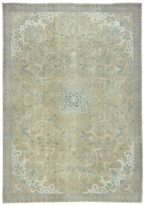 Semi Antique Muted Khaki Floral 7X10 Distressed Vintage Oriental Rug