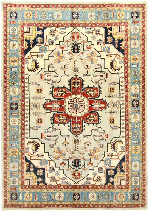 Cream Geometric Tribal 10X14 Heriz Serapi Oriental Rug
