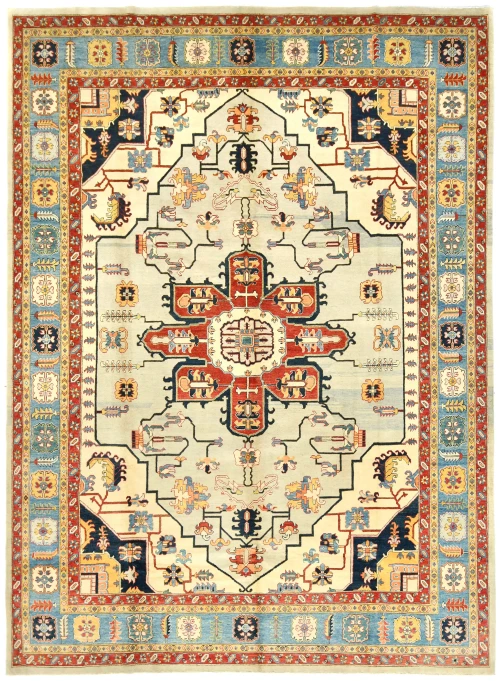 Cream Geometric Tribal 10X13 Heriz Serapi Oriental Rug