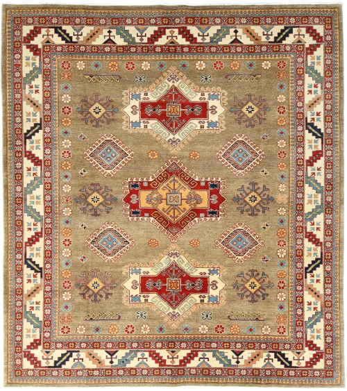 Khaki Tribal Geometric 8'3X9'4 Kazak Oriental Rug