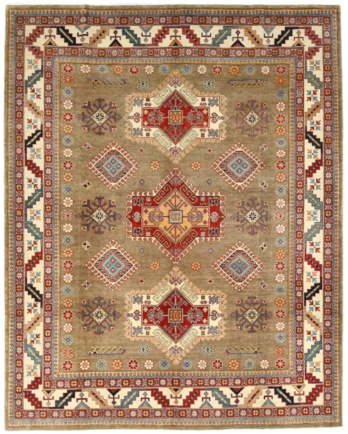 Muted Khaki Tribal Geometric 8X10 Kazak Pakistan Oriental Rug