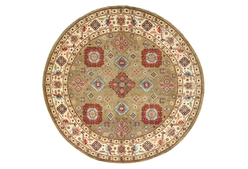 Khaki Geometric Tribal 9X9 Kazak Oriental Round Rug