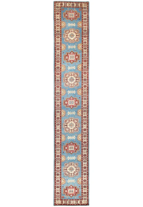 Blue Tribal Geometric 3X16 Kazak Oriental Runner Rug