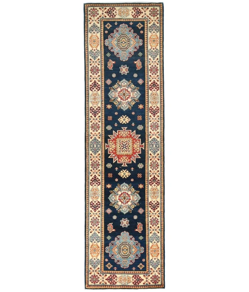 Dark Navy Geometric 2'8X9'6 Kazak Oriental Runner Rug