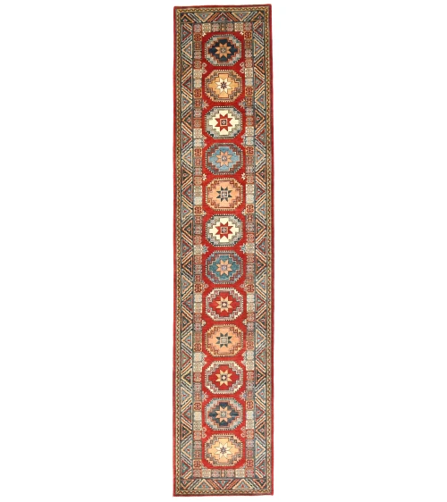 Red Geometric 2'8X13'5 Kazak Oriental Runner Rug