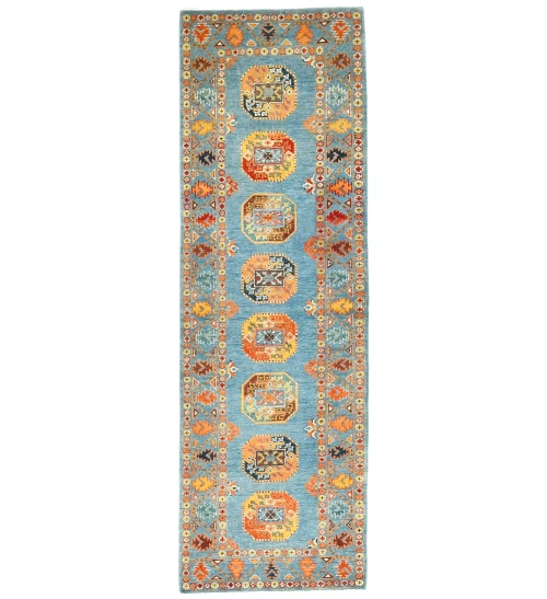 Blue Tribal Geometric 3X9 Turkoman-Kazak Oriental Runner Rug