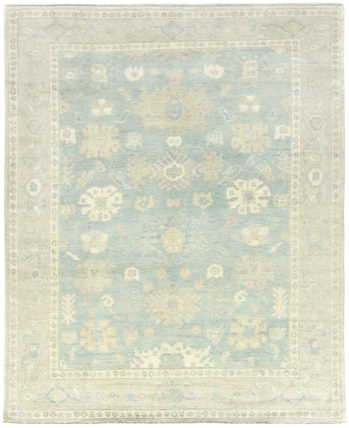Muted Blue Floral 8X10 Oushak Distressed Oriental Rug