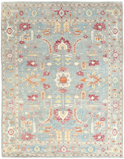 Muted Light Blue Floral 8X10 Transitional Oushak Oriental Rug