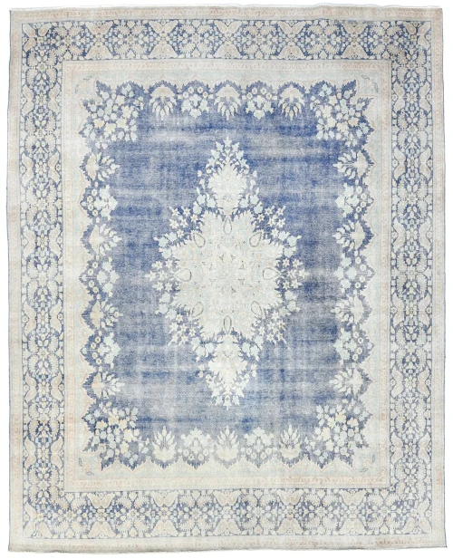 Antique Muted Blue Floral 10X12 Distressed Vintage Oriental Rug