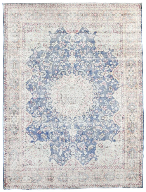 Antique Muted Blue Floral 10X13 Distressed Vintage Oriental Rug