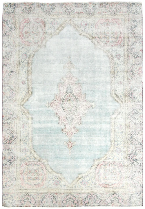 Muted Light Blue Floral 8X11 Distressed Vintage Oriental Rug