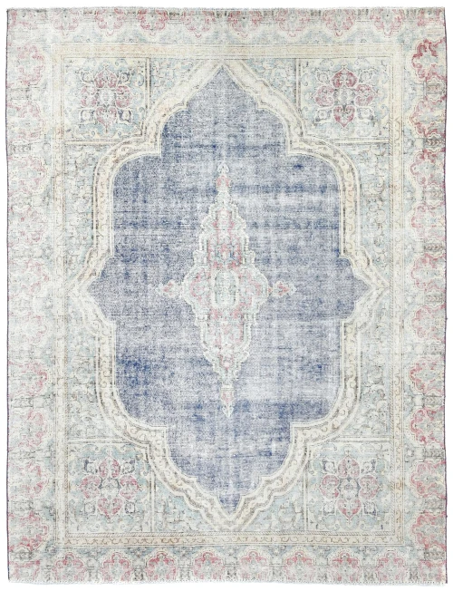 Muted Navy Blue Floral 7X9 Distressed Vintage Oriental Rug