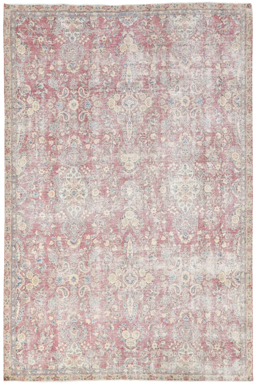 Muted Light Red Floral 7X10 Distressed Vintage Oriental Rug