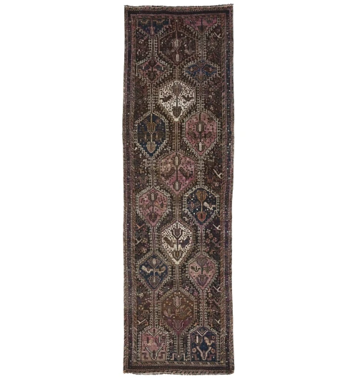 Semi Antique Dark Brown Tribal 3X11 Shiraz Persian Runner Rug