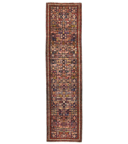 Vintage Purple-navy Geometric 4X14 Hamedan Persian Runner Rug