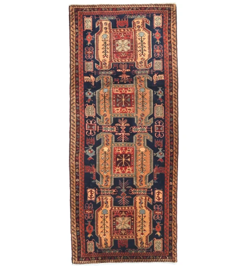 Vintage Purple-navy Geometric Tribal 4X10 Meshkin Persian Runner Rug