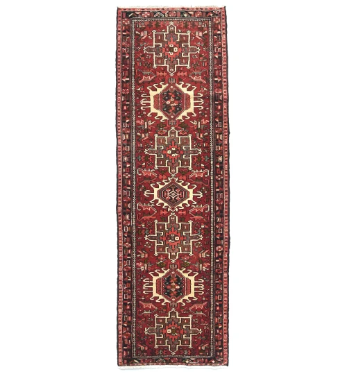 Vintage Red Geometric 3X9 Karajeh Persian Runner Rug