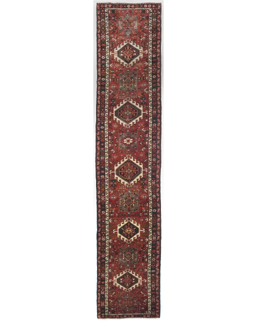 Vintage Red Geometric 3X15 Karajeh Persian Runner Rug
