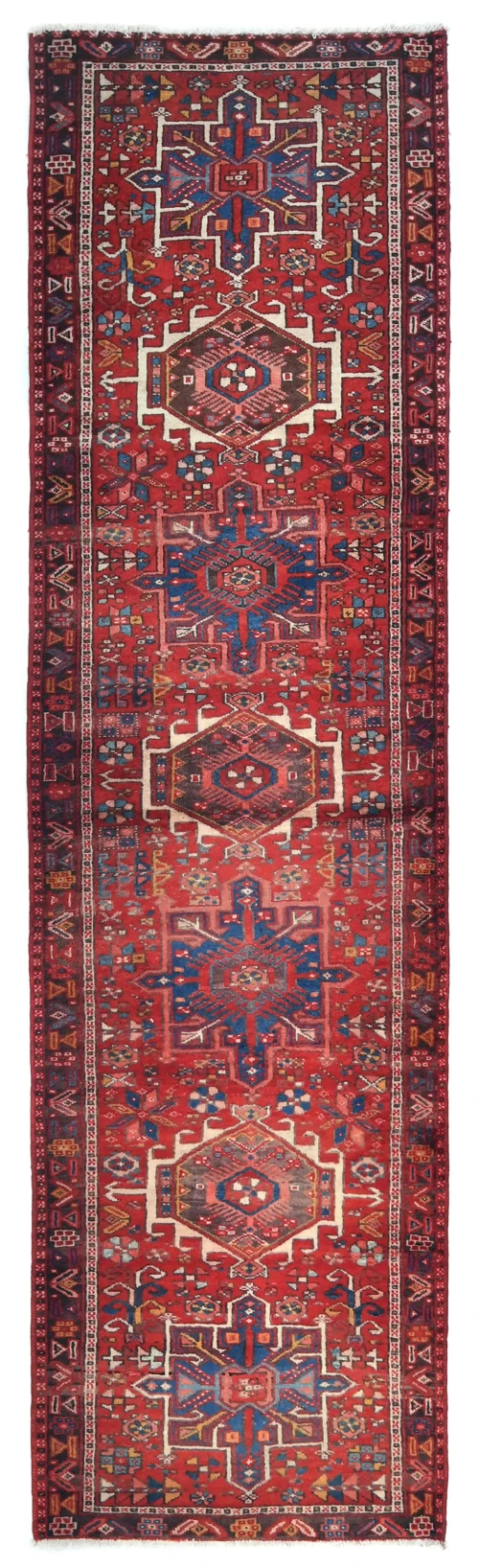 Vintage Red Geometric 3X11 Karajeh Persian Runner Rug