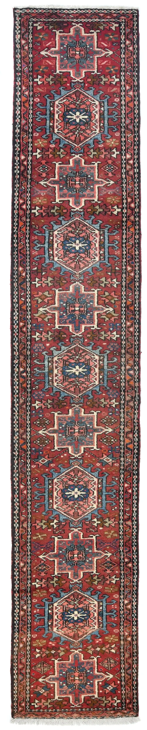 Vintage Red Geometric 2X12 Karajeh Persian Runner Rug