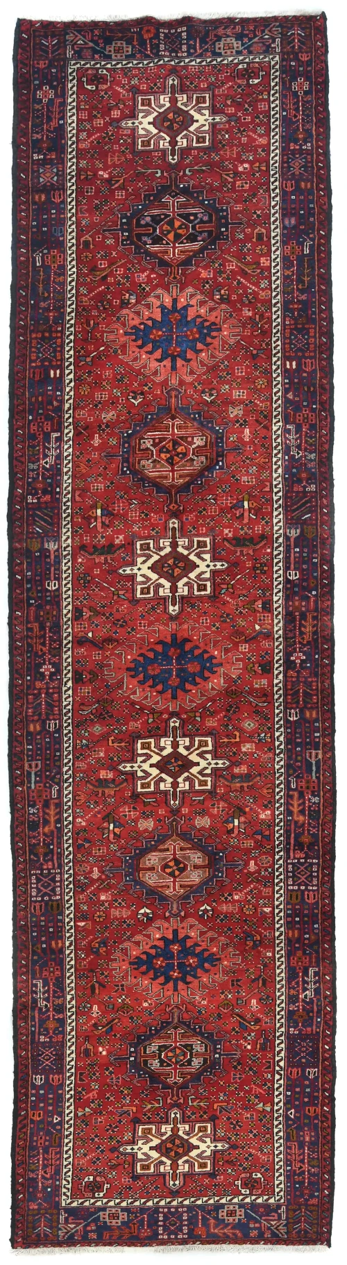 Vintage Red Geometric 3'6X14'7 Karajeh Persian Runner Rug