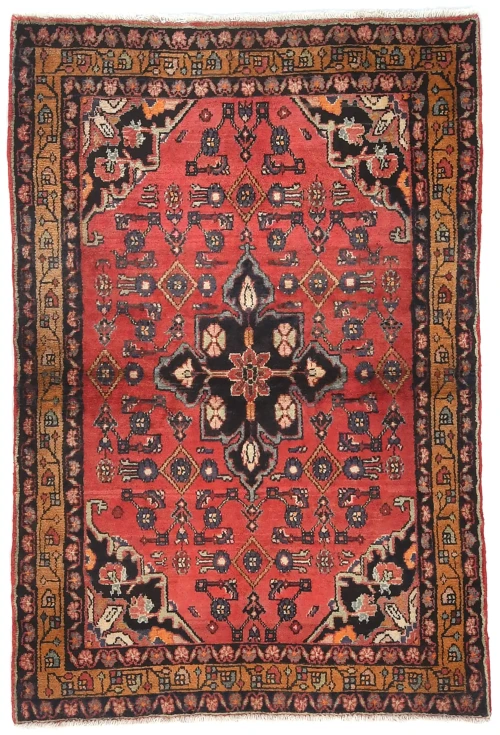 Vintage Red Floral Tribal 3'7X5'3 Hamedan Persian Rug