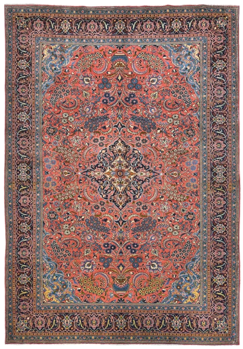 Vintage Coral Pink Floral 9X13 Sarouk Persian Rug