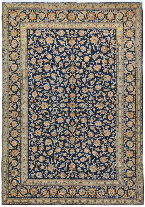Vintage Dark Navy Floral Traditional 9X13 Kashan Persian Rug