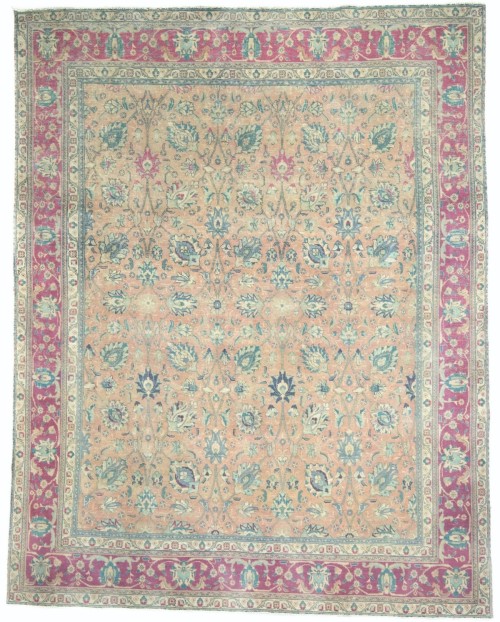Antique Muted Salmon Floral 10X13 Distressed Vintage Oriental Rug