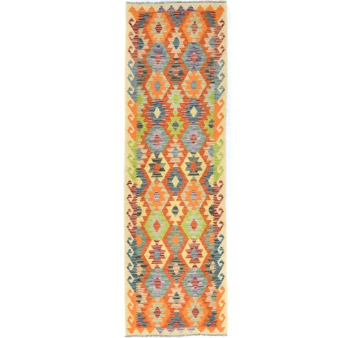 Multicolored Geometric Reversible 3X10 Kilim Oriental Runner Rug